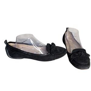 Joan & David Black Suede Ballet Flats Bow Patent Trim Women's Size 9.5